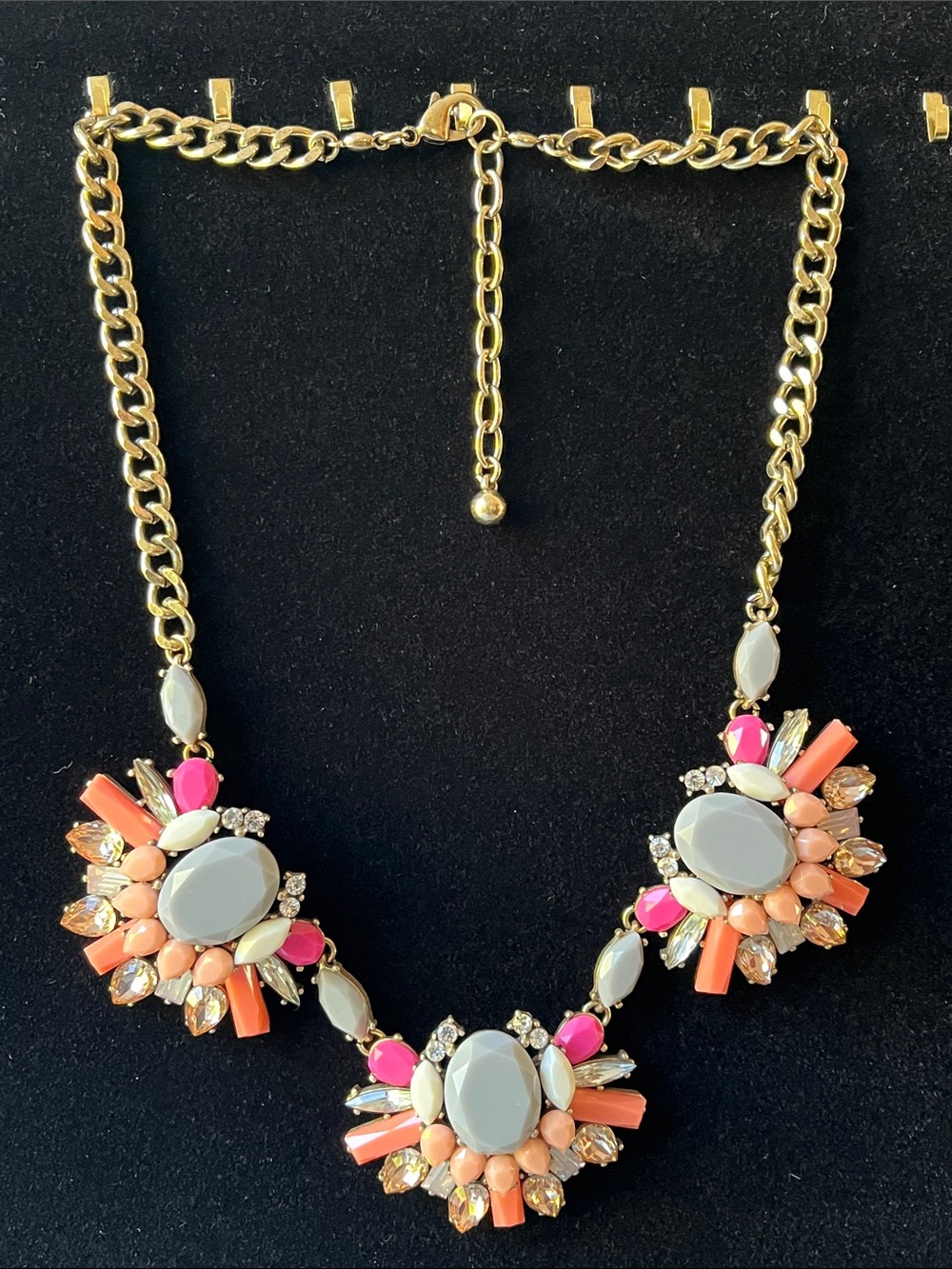 Gold Tone Chain Statement Necklace with Coral, Pink and Gray Stones